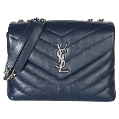 Pre-owned Saint Laurent Navy Calfskin Y Quilted Monogram Small Loulou Chain Satchel In Blue