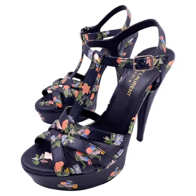 Pre-owned Saint Laurent Navy Floral Open Toe Platform In Blue