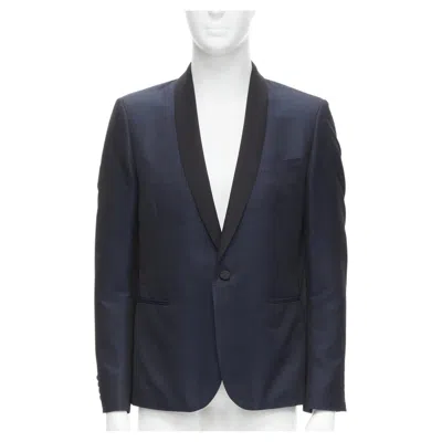 Pre-owned Saint Laurent Navy Metallic Textured Satin Shawl Tuxedo Blazer Eu50 L In Blue