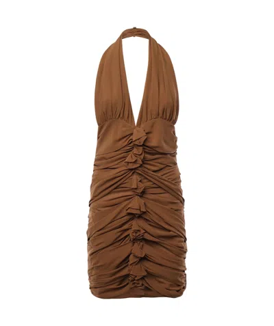 Saint Laurent Ruched Halterneck Mini Dress In Brown