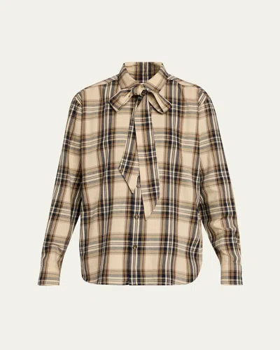 Saint Laurent Neck-tie Plaid Button-down Blouse