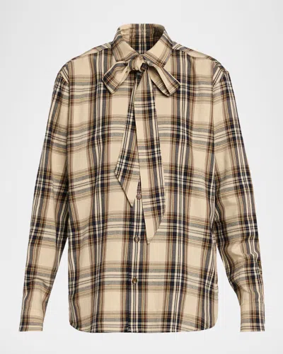SAINT LAURENT NECK-TIE PLAID BUTTON-DOWN BLOUSE