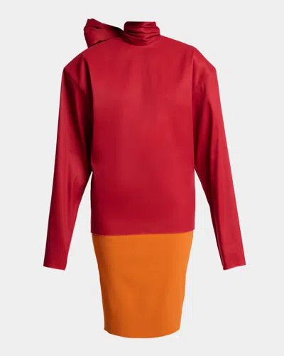 Saint Laurent Neck-tie Strong-shoulder Satin Top In Red