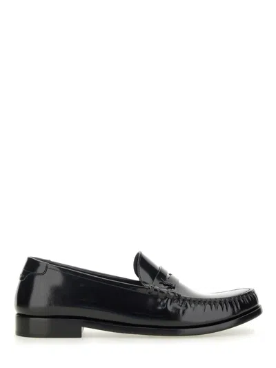 Saint Laurent Neri E Grigi Calf Leather Flat Shoes With Metal Detail In Black