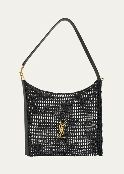 Saint Laurent Netting Ysl Raffia Shopping Tote Bag In Black