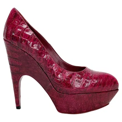 Pre-owned Saint Laurent New $2590 Yves  Raspberry Alligator Platform Shoes Pumps 38.5 - 8.5 In Brown