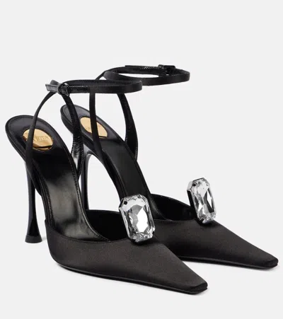 Saint Laurent New Diamond 110 Satin Slingback Pumps In Black/black/crystal
