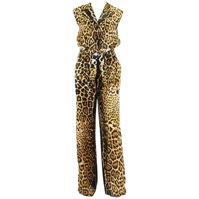 Pre-owned Saint Laurent New Yves  Silk Leopard Print Jumpsuit Fr. 40 Us 8/10 In Brown