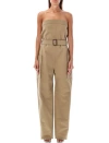 Saint Laurent Strapless Belted Jumpsuit In Brown