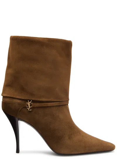 Saint Laurent Niki Suede Ysl Stiletto Ankle Booties In Brown