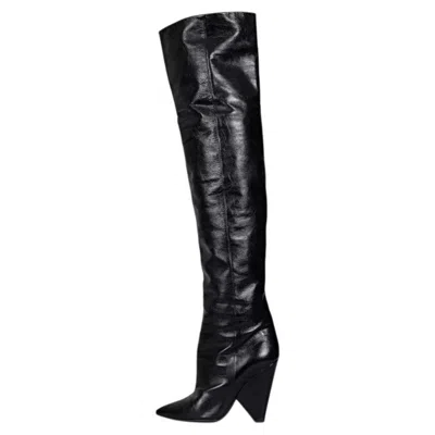 Pre-owned Saint Laurent Niki Black Leather Wedge Over-the-knee Boots Sz.38