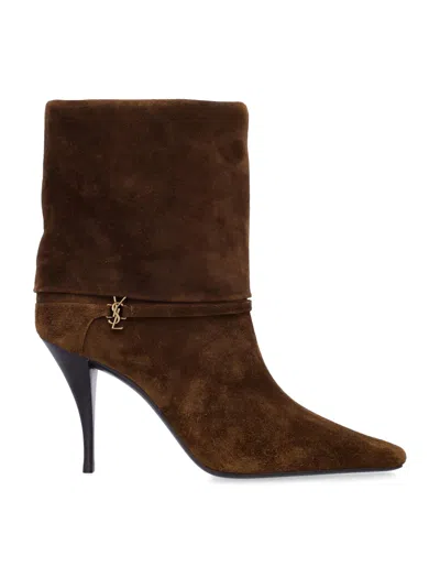 Saint Laurent Niki Suede Ysl Stiletto Ankle Booties In Brown