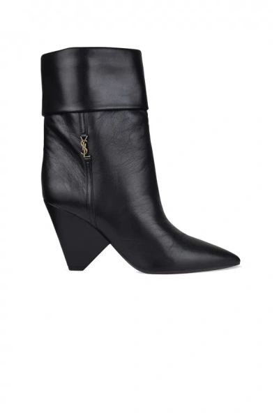 Saint Laurent Niki 85 Ysl-logo Leather Ankle Boots In Nero