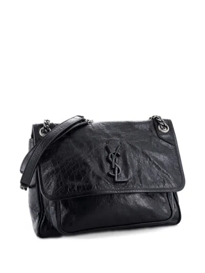 Pre-owned Saint Laurent Niki Chain Flap Bag Leather Medium Shoulder Bag In Black