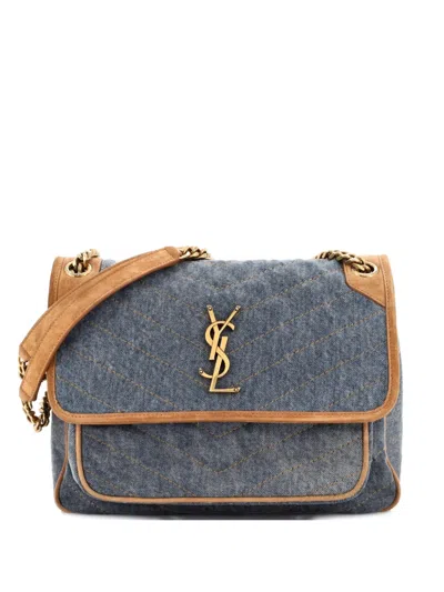 Pre-owned Saint Laurent Niki Chain Flap Bag Matelasse Chevron Denim With Suede Medium Shoulder Bag In Blue