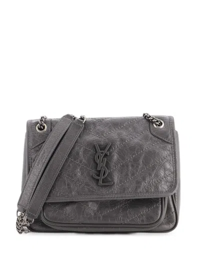 Pre-owned Saint Laurent Niki Chain Flap Bag Matelasse Chevron Leather Baby Shoulder Bag In 灰色