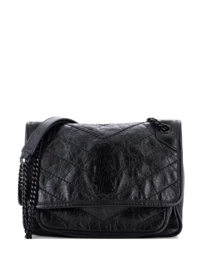 Pre-owned Saint Laurent Niki Chain Flap Bag Matelasse Chevron Leather Baby Shoulder Bag In Black