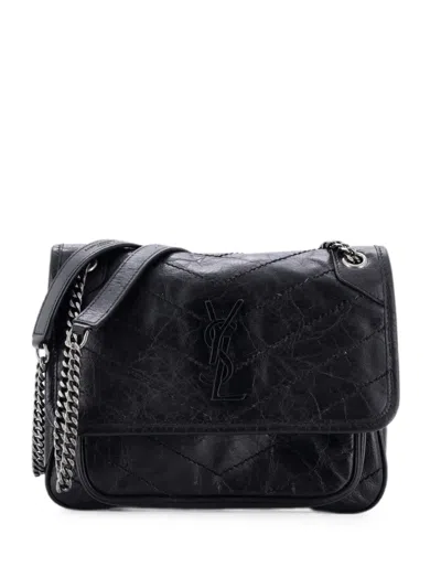 Pre-owned Saint Laurent Niki Chain Flap Bag Matelasse Chevron Leather Baby Shoulder Bag In Black