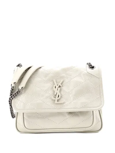 Pre-owned Saint Laurent Niki Chain Flap Bag Matelasse Chevron Leather Baby Shoulder Bag In White