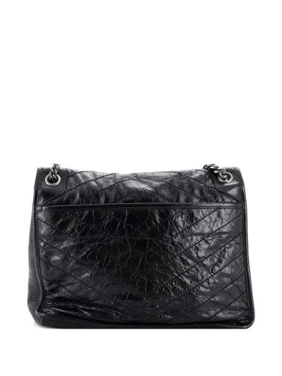 Pre-owned Saint Laurent Niki Chain Flap Bag Matelasse Chevron Leather Large Shoulder Bag In Black