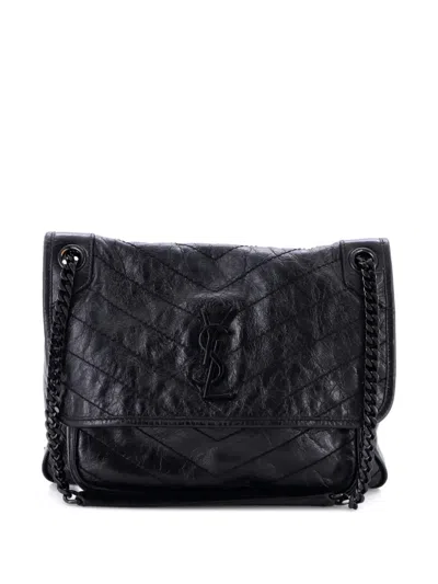 Pre-owned Saint Laurent Niki Chain Flap Bag Matelasse Chevron Leather Medium Shoulder Bag In Black