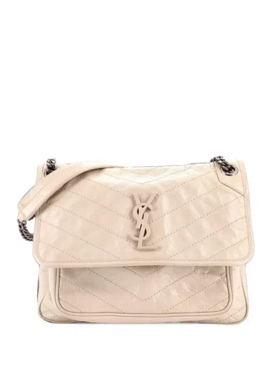 Pre-owned Saint Laurent Niki Chain Flap Bag Matelasse Chevron Leather Medium Shoulder Bag In Neutrals
