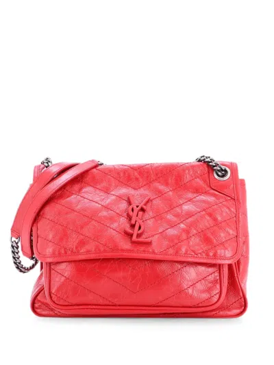 Pre-owned Saint Laurent Niki Chain Flap Bag Matelasse Chevron Leather Medium Shoulder Bag In Red