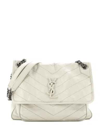 Pre-owned Saint Laurent Niki Chain Flap Bag Matelasse Chevron Leather Medium Shoulder Bag In White