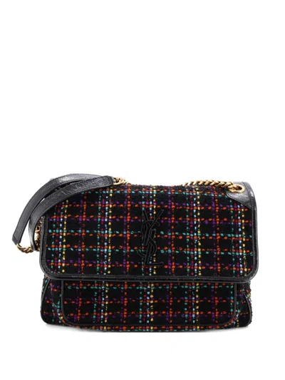Pre-owned Saint Laurent Niki Chain Flap Bag Matelasse Chevron Tweed Medium Shoulder Bag In Black