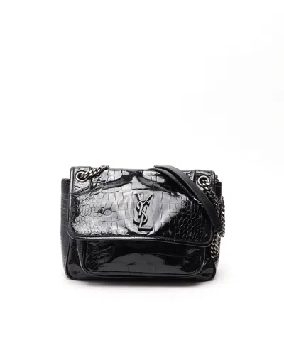 Saint Laurent Niki Croc Patent Chain Bag In Black