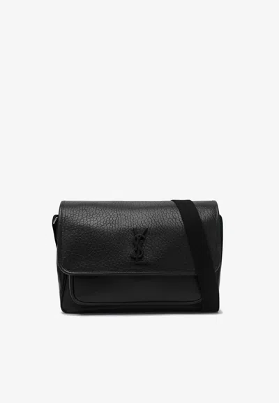 Saint Laurent Niki Hammered Leather Messenger Bag In Black