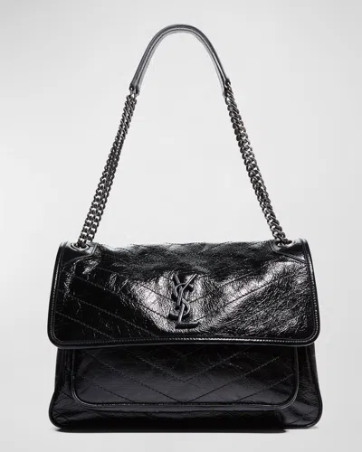 Saint Laurent Niki Large Flap Ysl Shoulder Bag In Crinkled Leather In Black