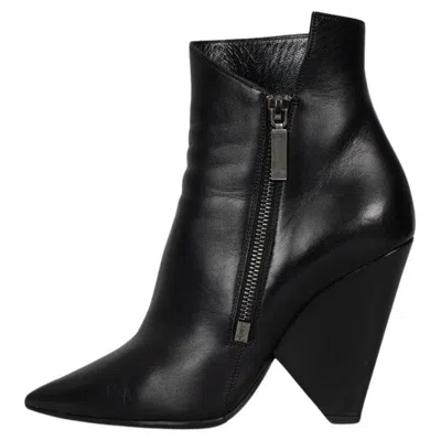 Pre-owned Saint Laurent Niki Leather Wedge Boots - Size 38.5 In Black