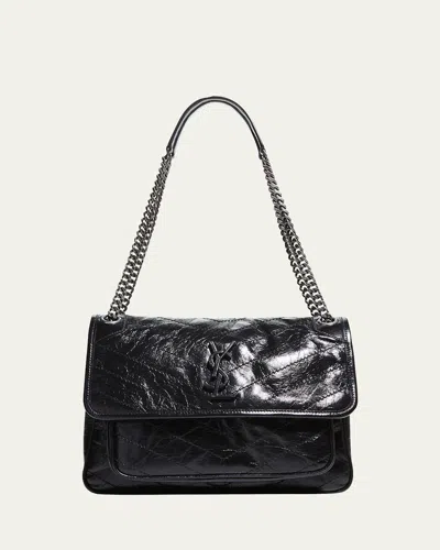 Saint Laurent Niki Medium Flap Ysl Shoulder Bag In Crinkled Leather In Black