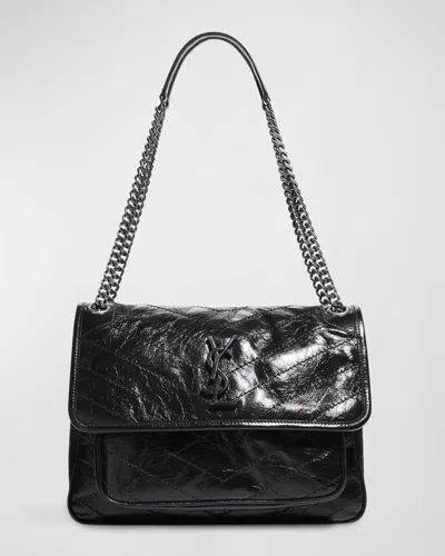 Saint Laurent Niki Medium Flap Ysl Shoulder Bag In Crinkled Leather In Black