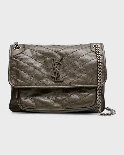 Saint Laurent Niki Medium Flap Ysl Shoulder Bag In Crinkled Leather In Light Musk