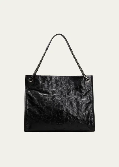 Saint Laurent Niki Medium Ysl Shopper Tote Bag In Crinkled Leather In Black