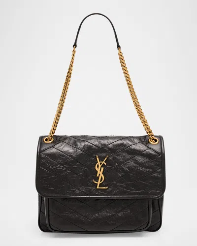 Saint Laurent Niki Medium Crinkled Glossed-leather Shoulder Bag In Black