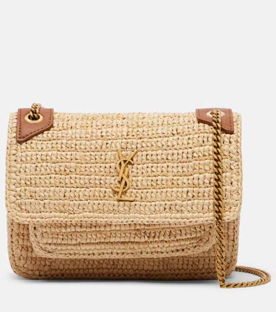Saint Laurent Niki Mini Raffia Shoulder Bag In Brown