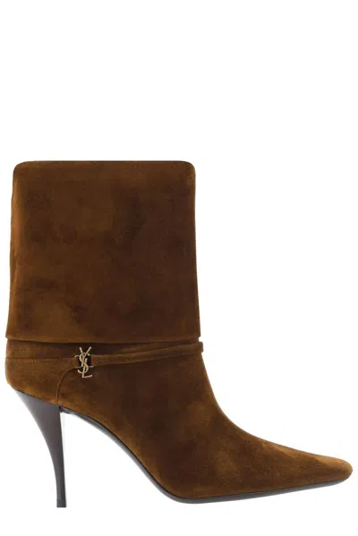 Saint Laurent Niki Suede Ysl Stiletto Ankle Booties In Brown