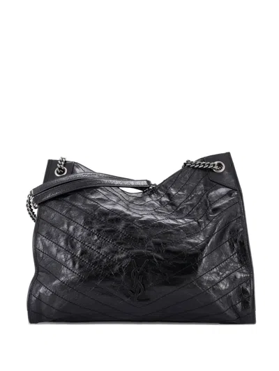 Pre-owned Saint Laurent Niki Shopping Tote Matelasse Chevron Leather Large Shoulder Bag In Black
