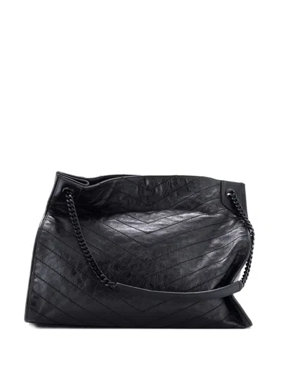 Pre-owned Saint Laurent Niki Shopping Tote Matelasse Chevron Leather Large Shoulder Bag In Black
