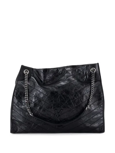 Pre-owned Saint Laurent Niki Shopping Tote Matelasse Chevron Leather Large Shoulder Bag In Black