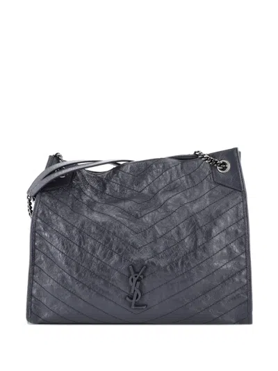 Pre-owned Saint Laurent Niki Shopping Tote Matelasse Chevron Leather Large Shoulder Bag In Gray
