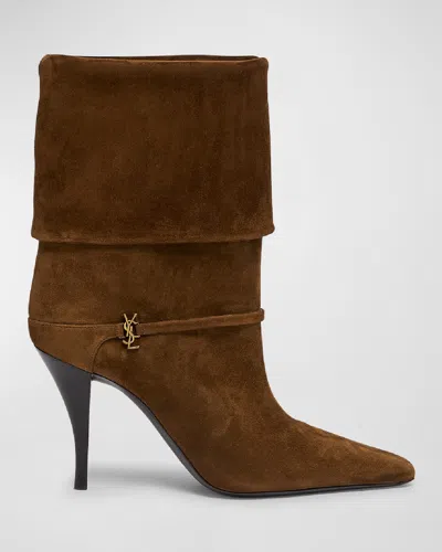 SAINT LAURENT NIKI SUEDE YSL STILETTO ANKLE BOOTIES