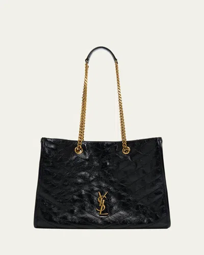 Saint Laurent Niki Ysl Chevron Quilted Shopping Tote Bag In Black