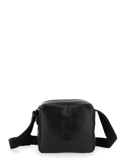 Saint Laurent 'niky Cube' Black Crossbody Bag With Cassandre On The Front And Adjustable Canvas Shou