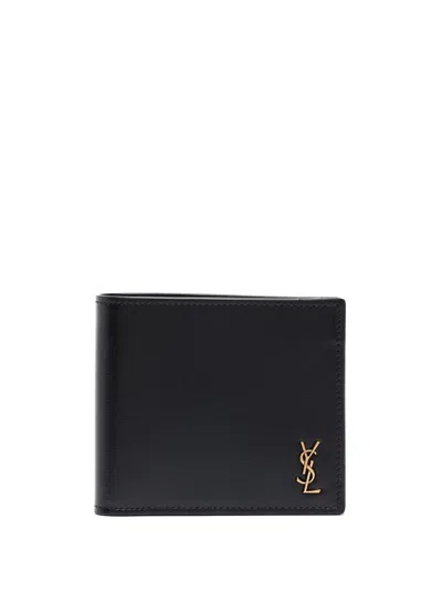 Saint Laurent Noir Cassandre Logo Plaque Wallet