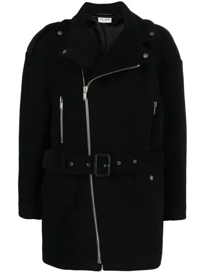 Saint Laurent Notched-collar Zip-fastening Coat In Black