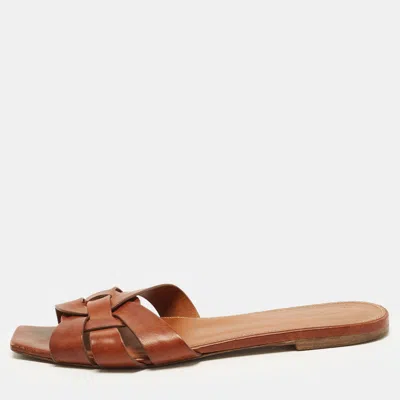 Pre-owned Saint Laurent Nu Pieds Tribute Size 40 Brown Leather Flat Slide